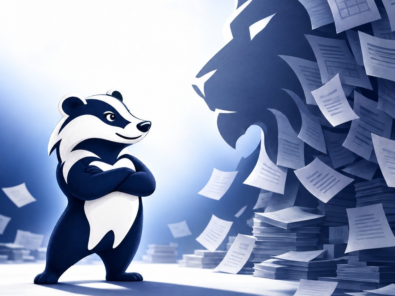 The Tasso badger, arms crossed and confident, faces a giant lion made of stacks of paperwork and tax forms.